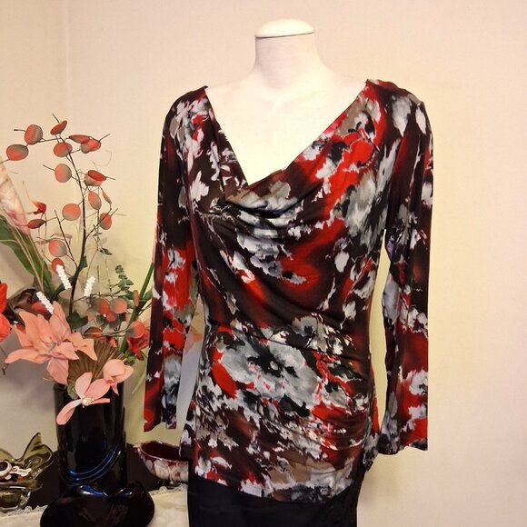 NWT Robert Kitchen Women's Red Black Gray Printed Blouse Long Sleeve Top Size 10 - Picture 3 of 8